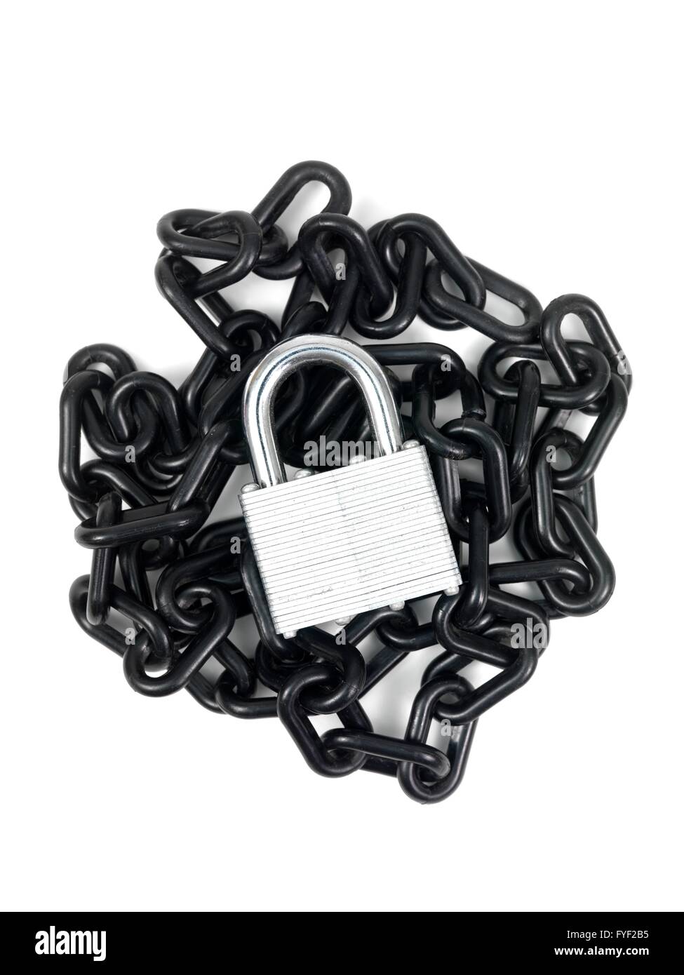 A black chain and padlock isolated against a white background Stock ...