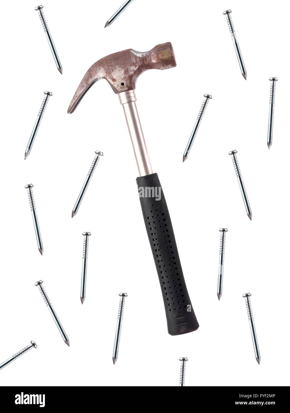 A metal hammer and nails isolated against a white background Stock Photo Alamy