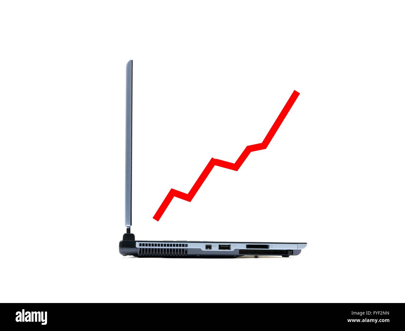 A laptop computer and a line graph isolated against a white background ...