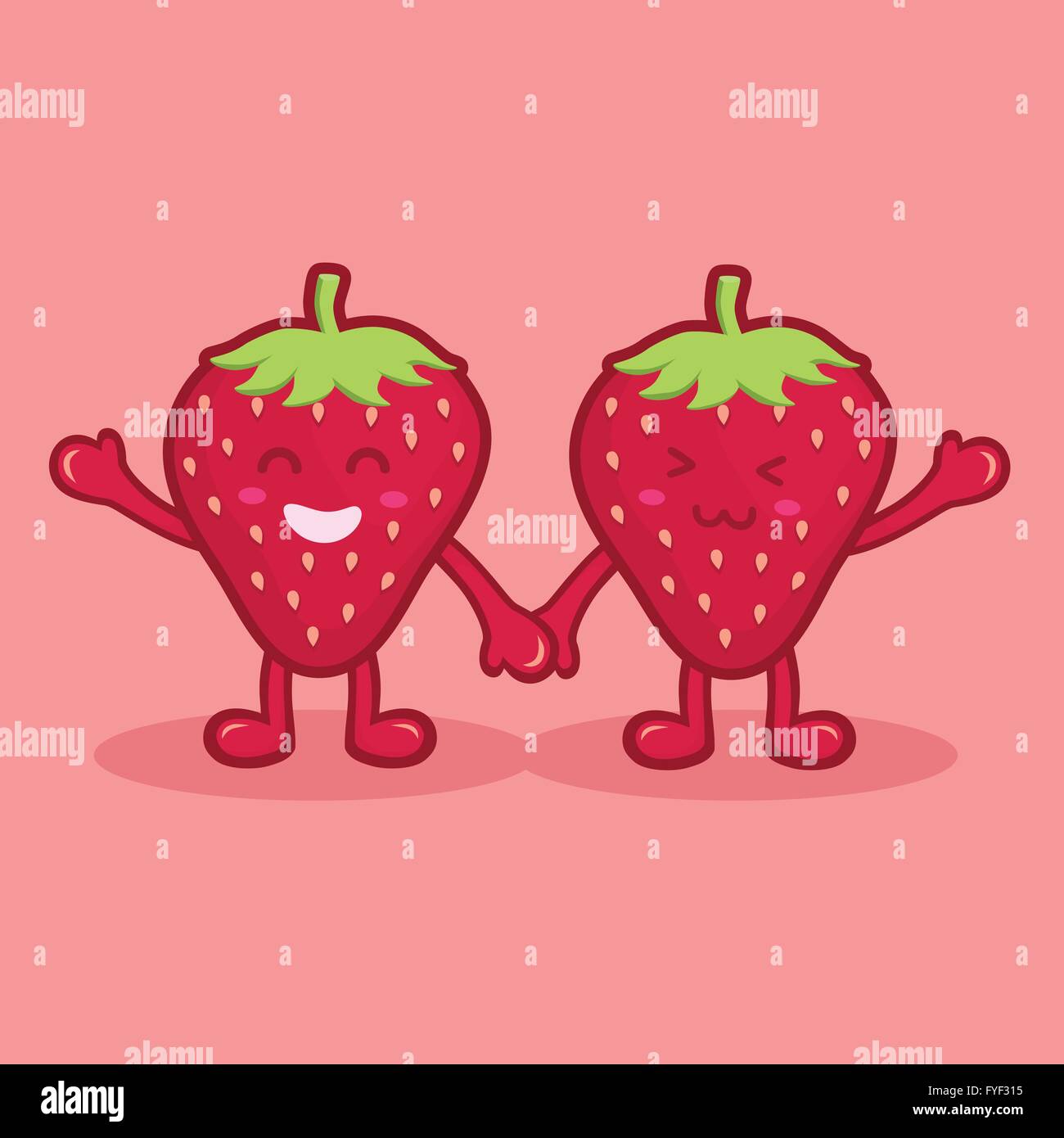 Happy Cute Couple Strawberry Fruit Mascot Wave Hand na Holding Hands Stock Vector