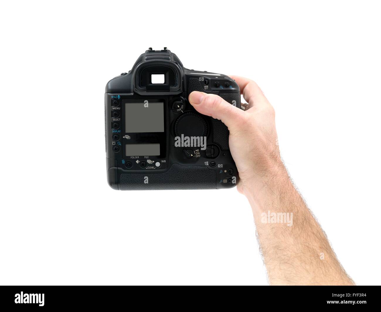 A digital camera hand held isolated against a white background Stock