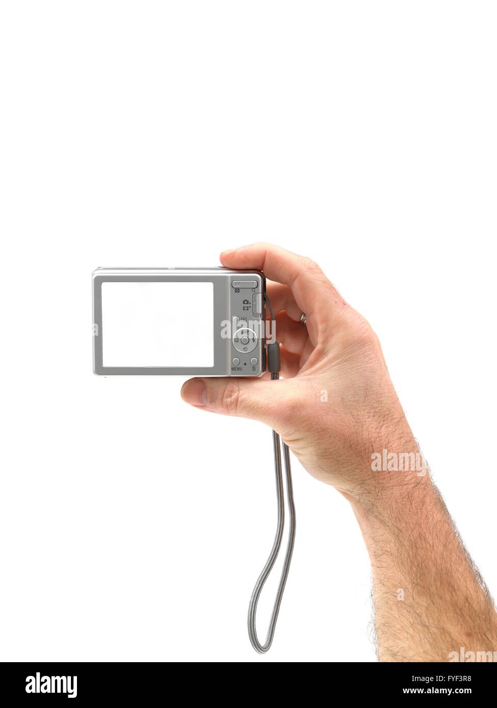 A digital camera hand held isolated against a white background Stock