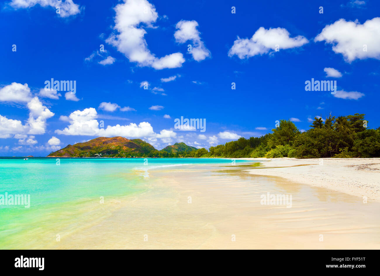 Tropical beach Cote d'Or at island Praslin, Seychelles Stock Photo