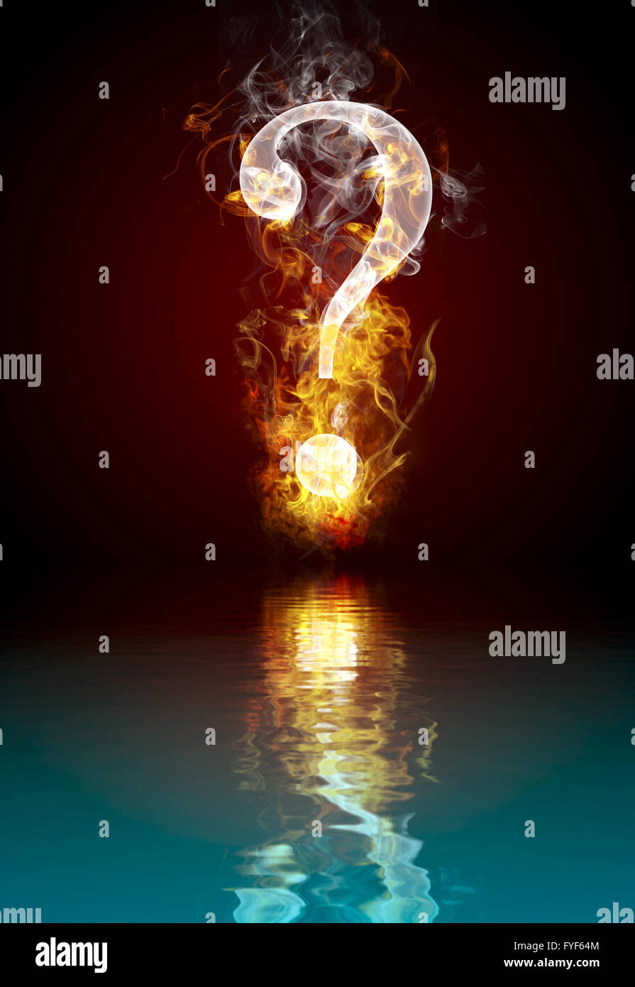 Question symbol burning, fire with reflection in water Stock Photo Alamy