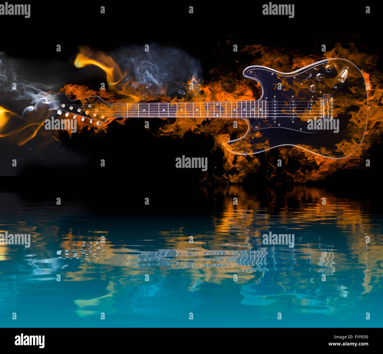 Burning Electric Guitar with reflection in water Stock Photo