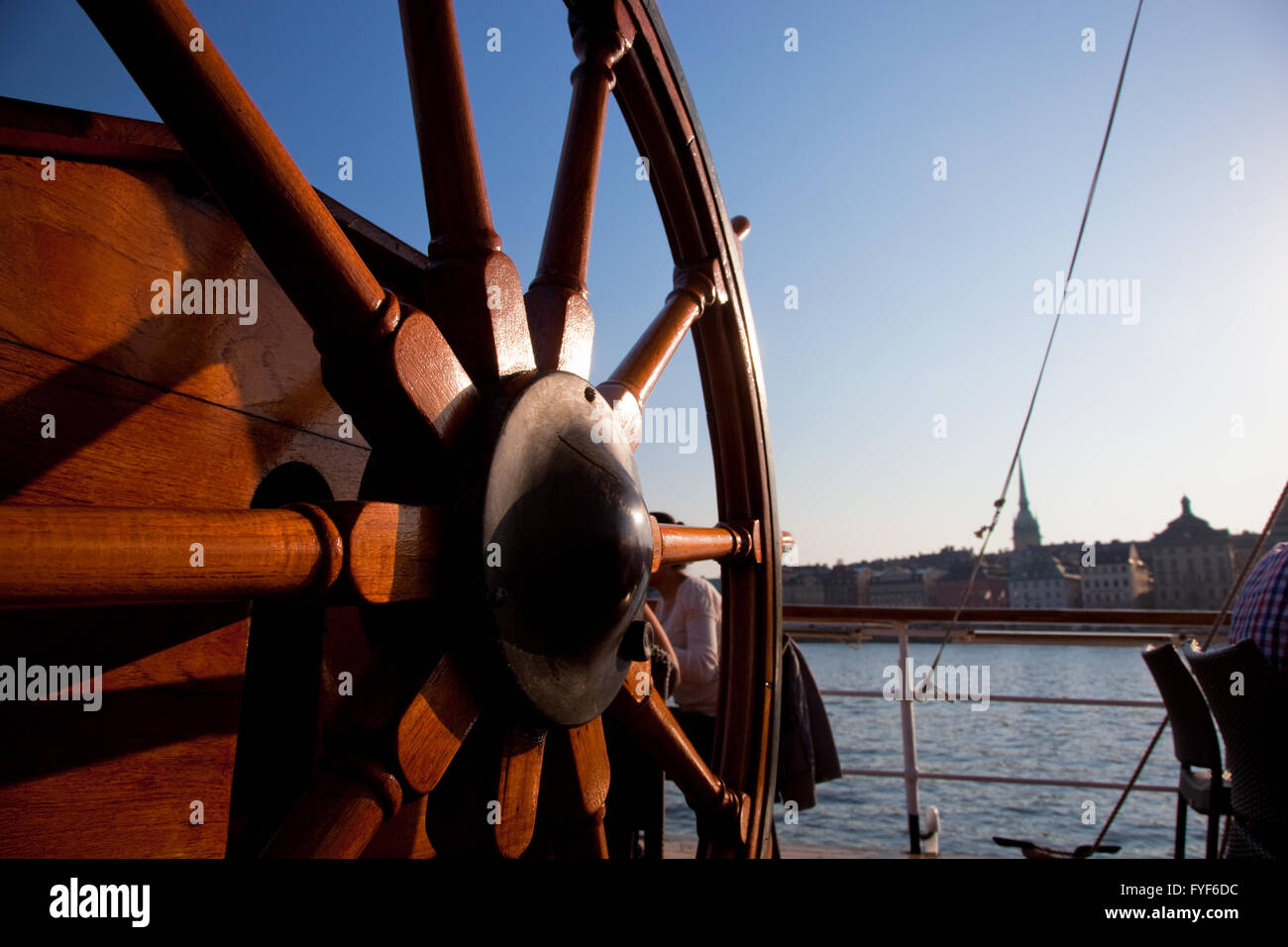 Ship helm and a view on Stockholm, Sweden Stock Photo