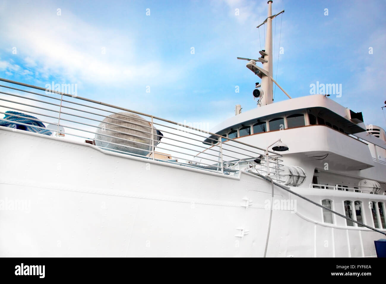 White tourist ship close up on blue sky Stock Photo
