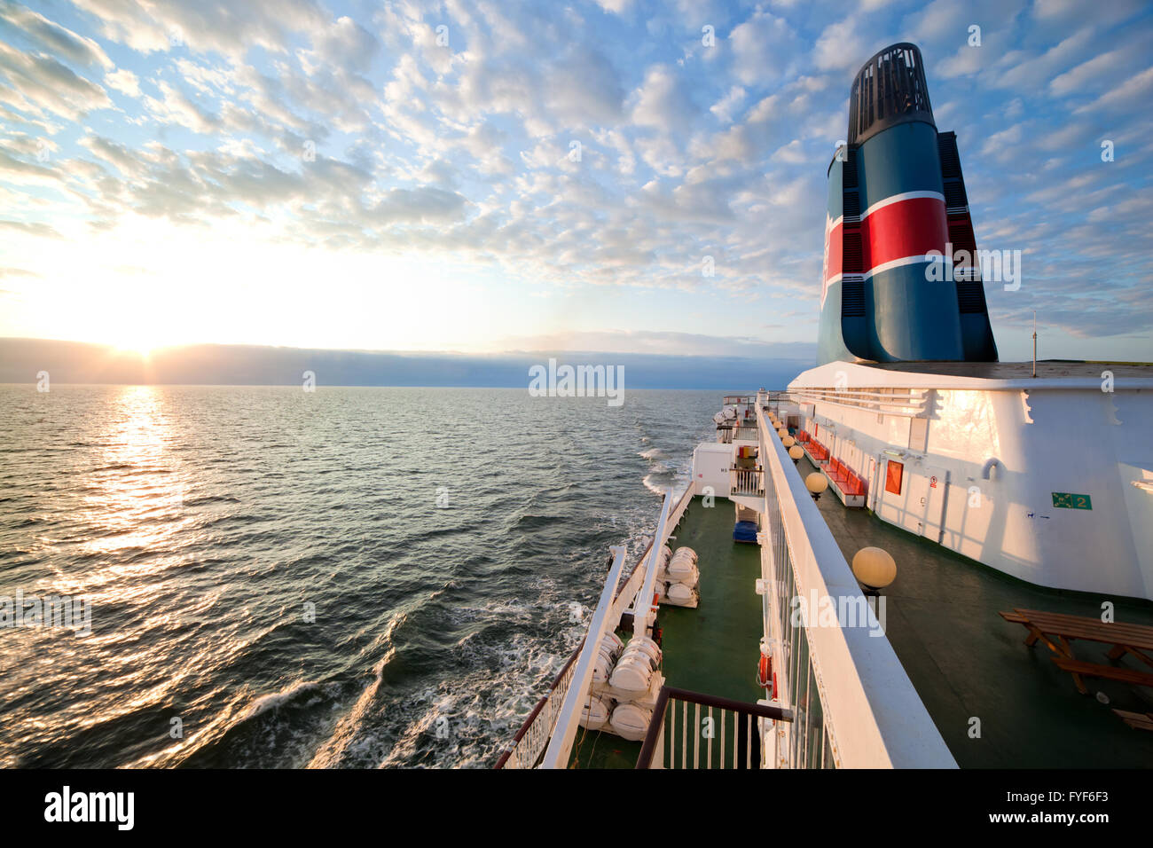 Ship deck view, ocean in a sunny day Stock Photo