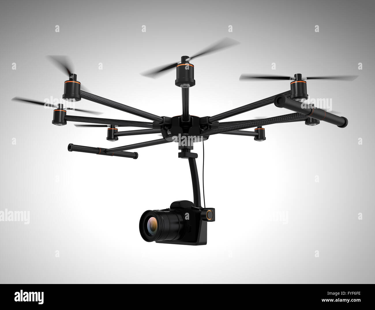 Octocopter carrying DSLR camera isolated on gray background. 3D rendering image. Stock Photo