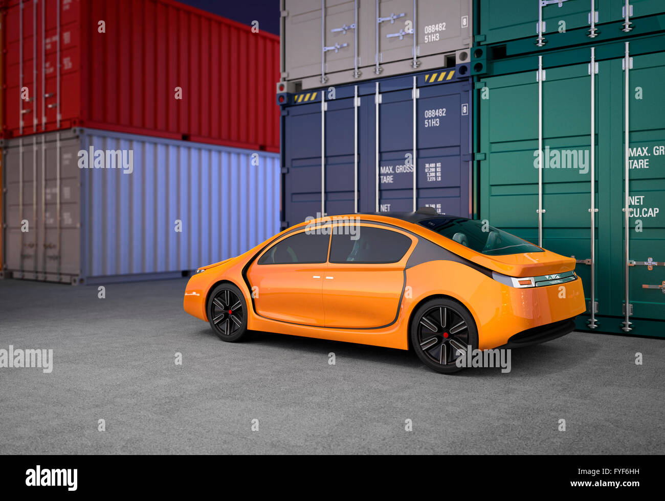 Orange car in cargo containers yard. 3D rendering image. Stock Photo