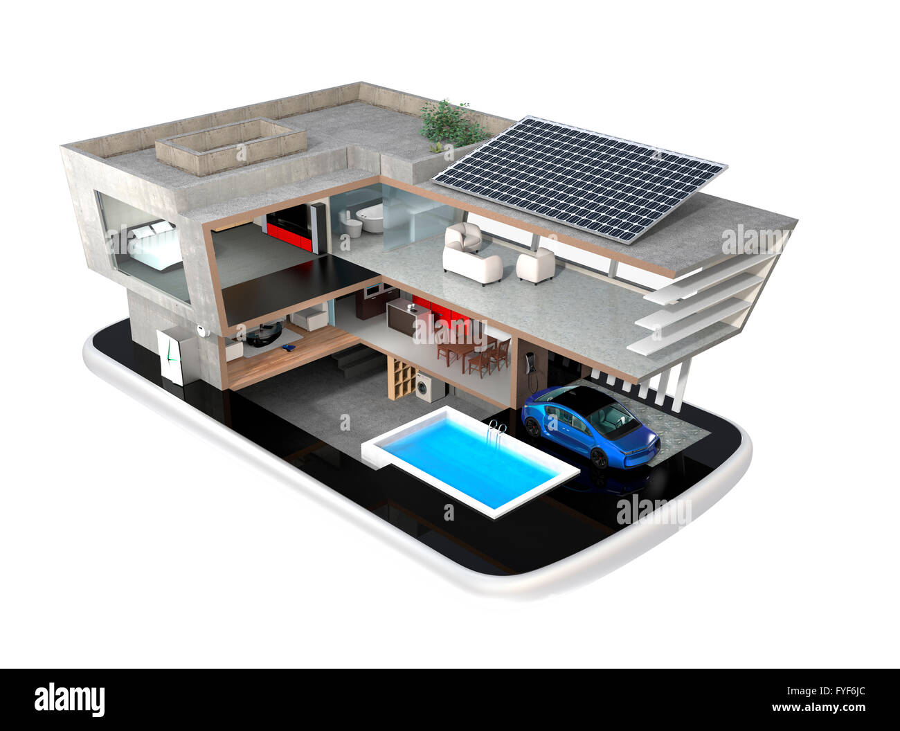 Smart house on a smart phone. The smart house equippd with solar panels, energy saving appliances, and storage battery system. Stock Photo