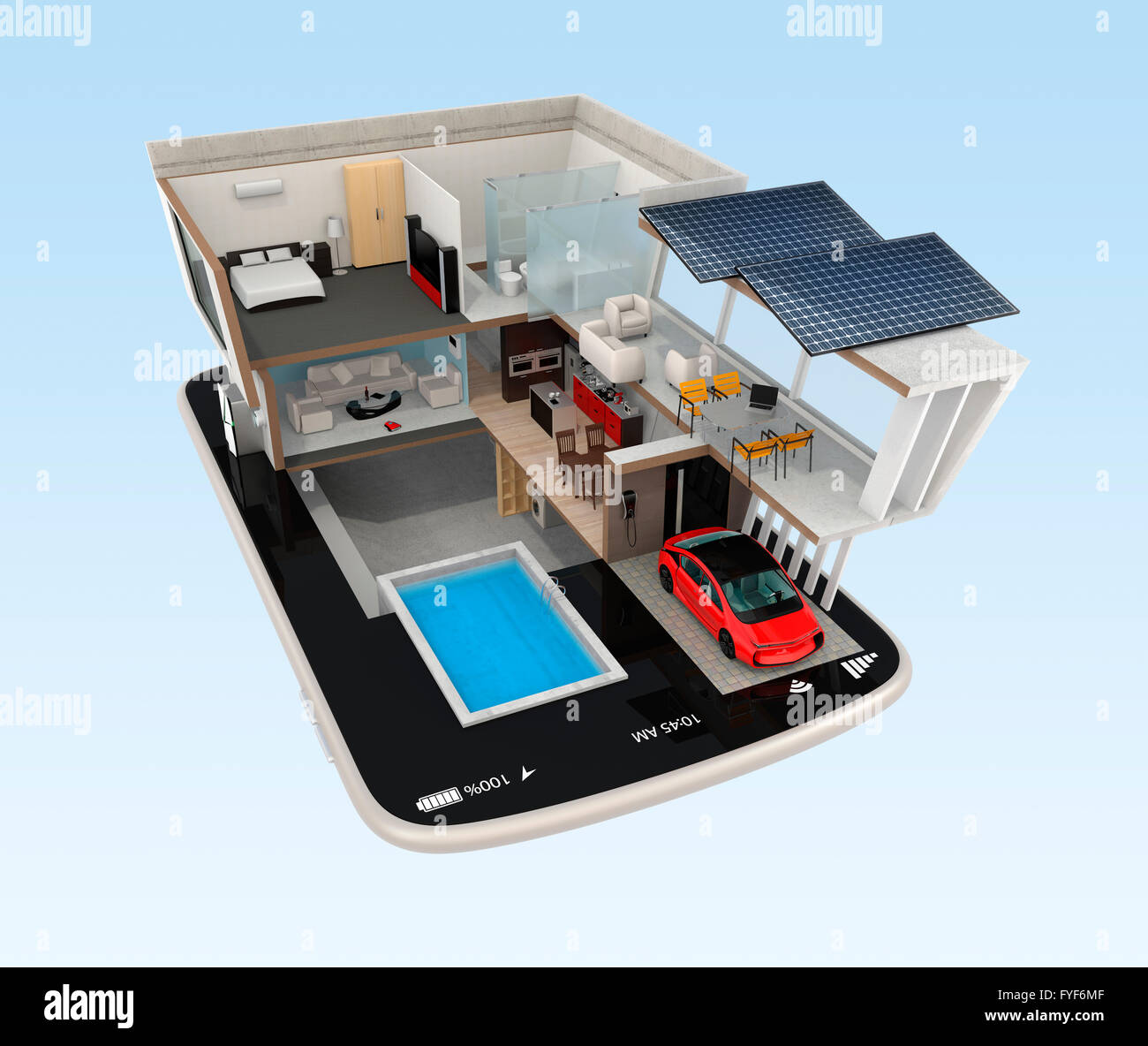 Smart house on a smart phone. The smart house equippd with solar panels ...