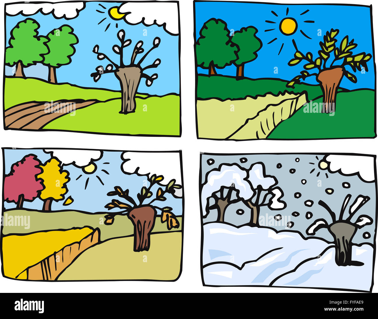 four seasons cartoon illustration Stock Photo - Alamy