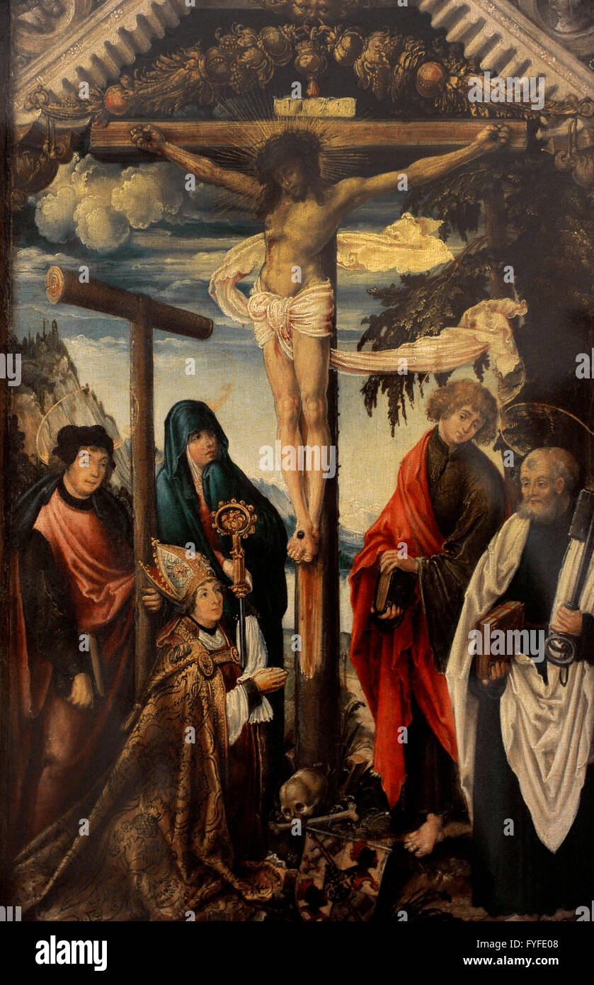 Hans Wertinger (Ca. 1465-1533). German painter. Crucifixion with Attendant Saints and Donor (Calvary). First third of the 16th century. Oil on panel. The State Hermitage Museum. Saint Petersburg. Russia. Stock Photo
