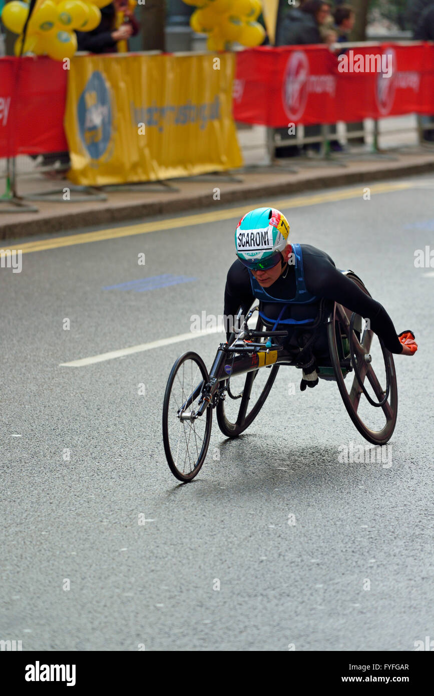 Wheelchair competitor, 2016 Virgin Money London Marathon, London,  United Kingdom Stock Photo