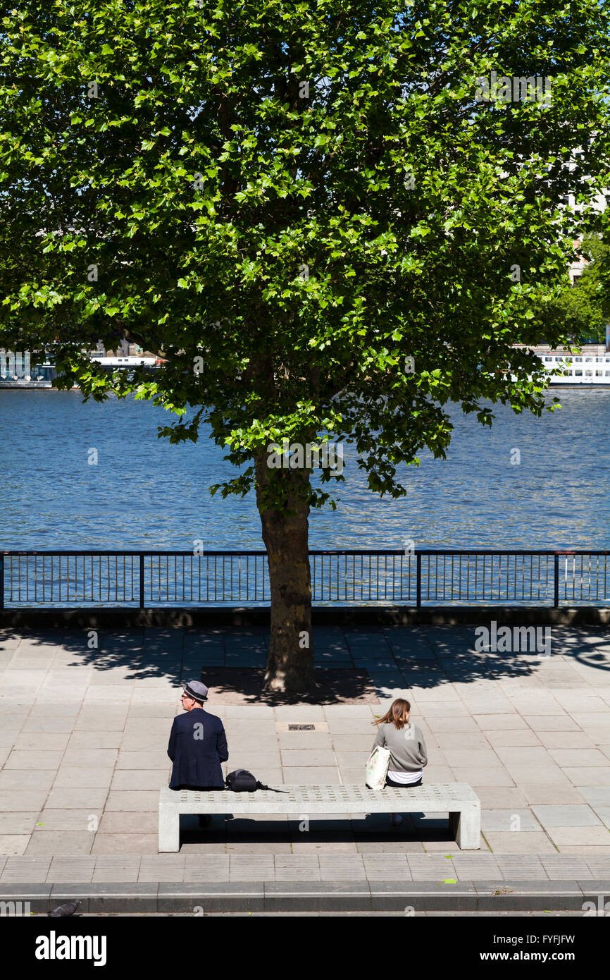 Two people sitting on concrete bench by river with tree, London, England, United Kingdom Stock Photo