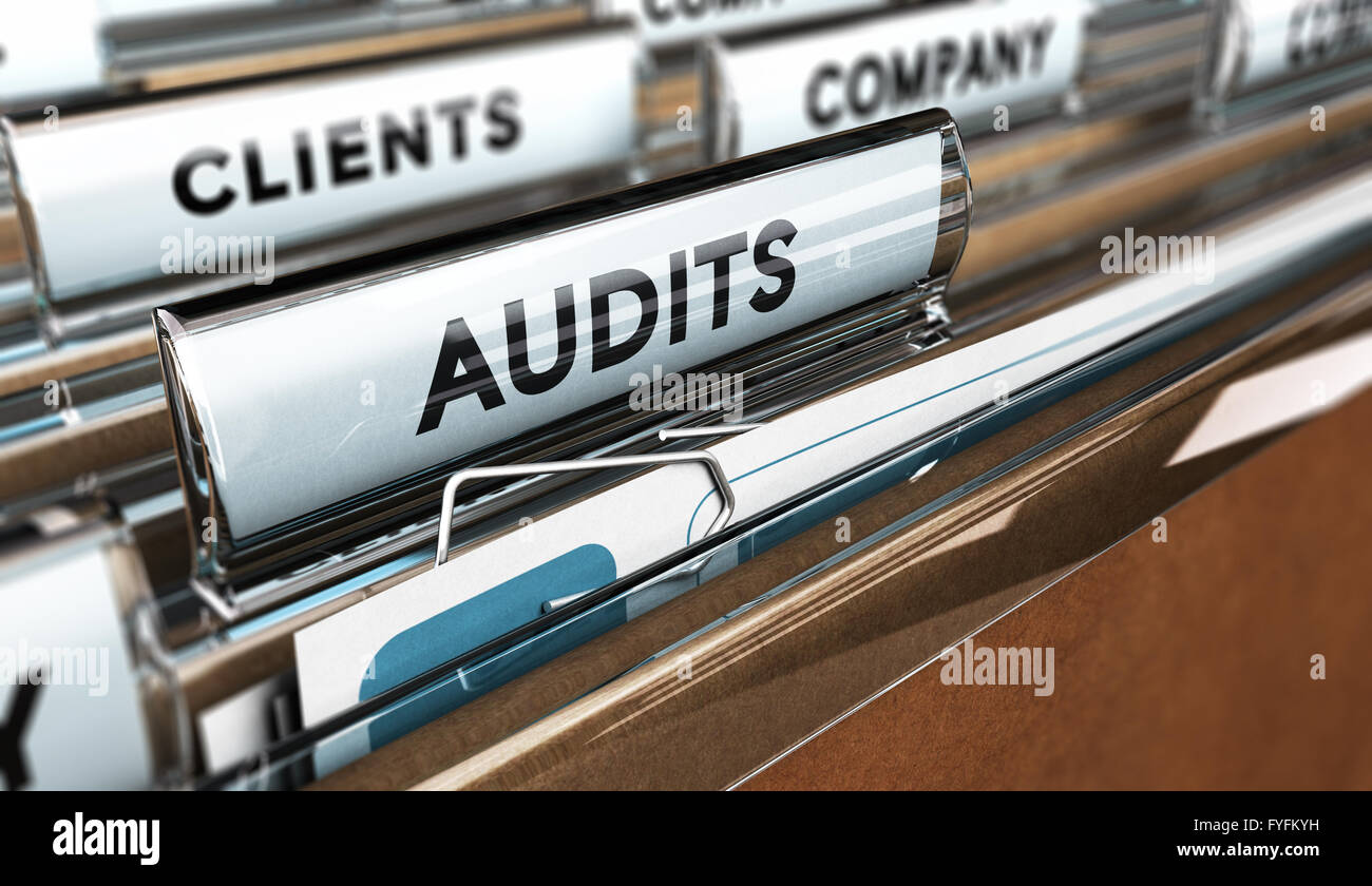 Close up of a folder tab with the word audit, 3D illustration. Business management concept. Stock Photo