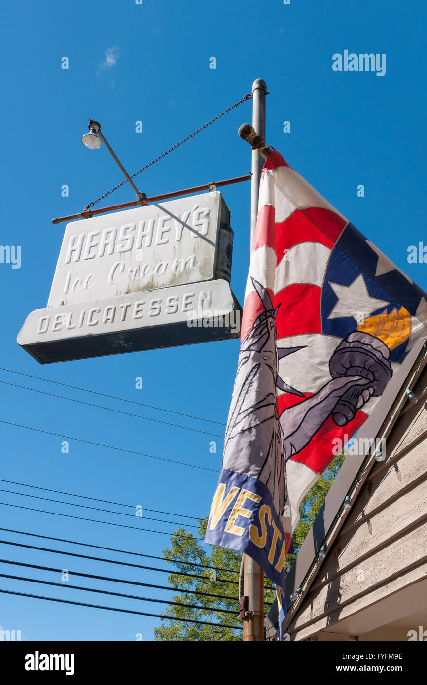 Old fashioned Hershey's ice cream and deli sign and statue of liberty flag against a deep blue sky in Alamuchy New Jersey USA Stock Photo