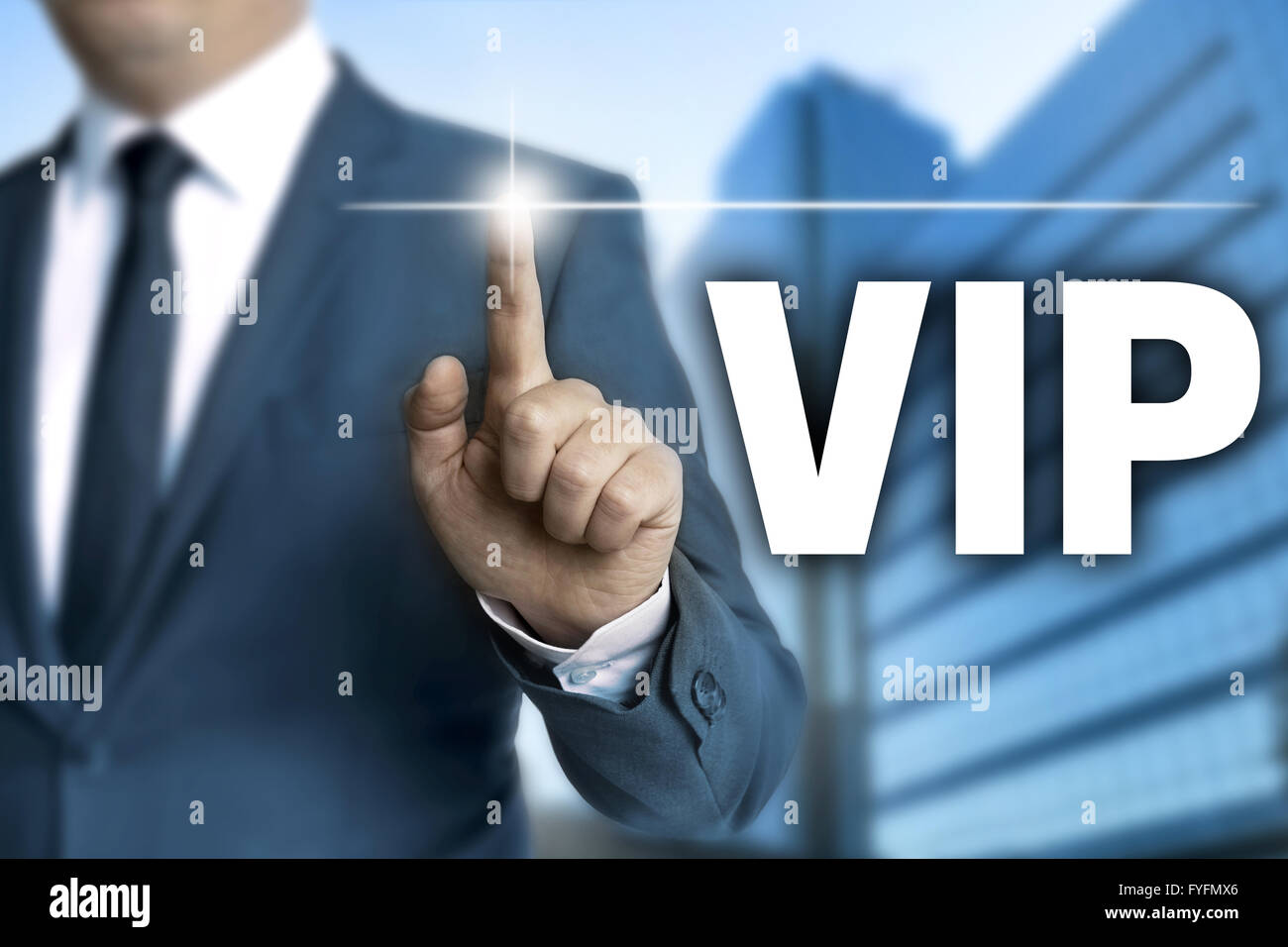 vip touchscreen is operated by businessman. Stock Photo