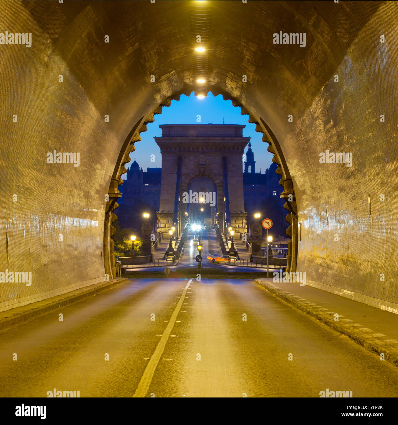 Buda Castle Tunnel and Chain Bridge in the morning, Budapest, Hungary Stock Photo