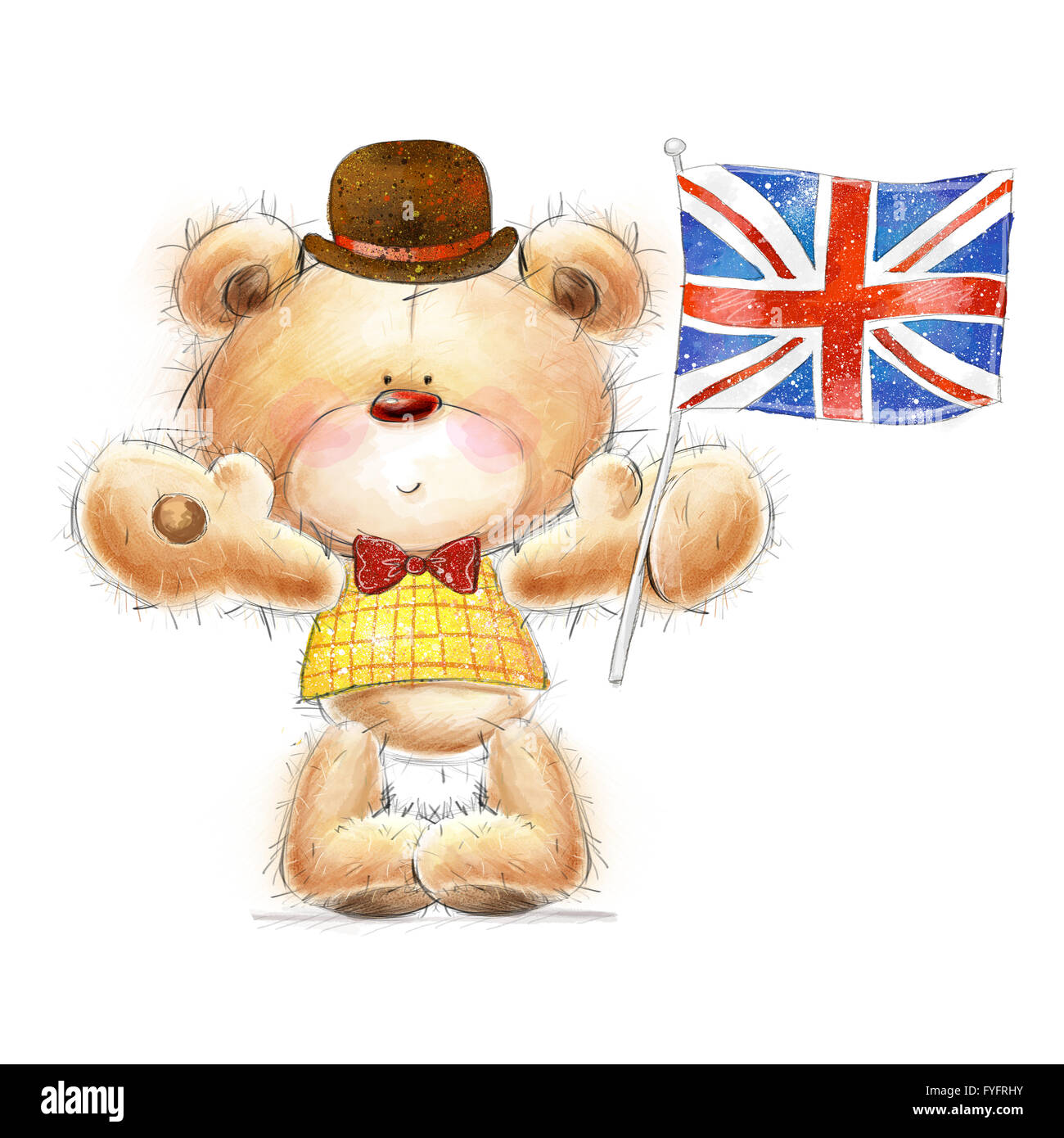 Cute Teddy bear with the  UK flag in the hat.Teddy bear fan of Great Britain.Background with bear and flag Stock Photo