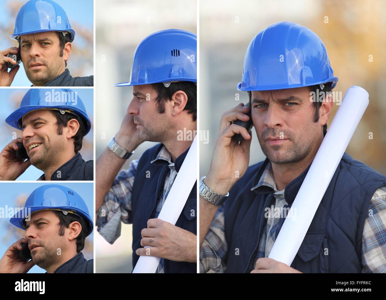 snapshots of young man with blue safety helmet on the phone Stock Photo
