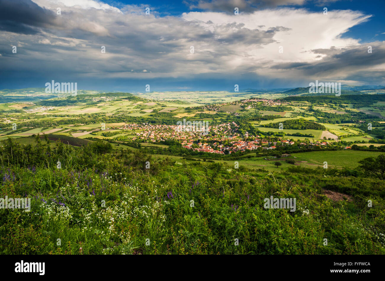 View southwards in June from Plateau de Gergovie, Puy-de-Dome, Auvergne, France Stock Photo