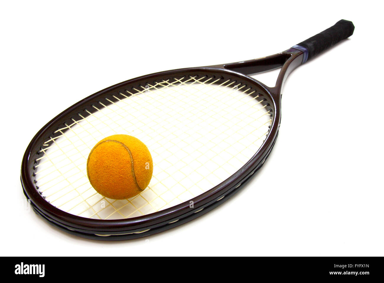 A tennis ball and racket on a white background Stock Photo Alamy