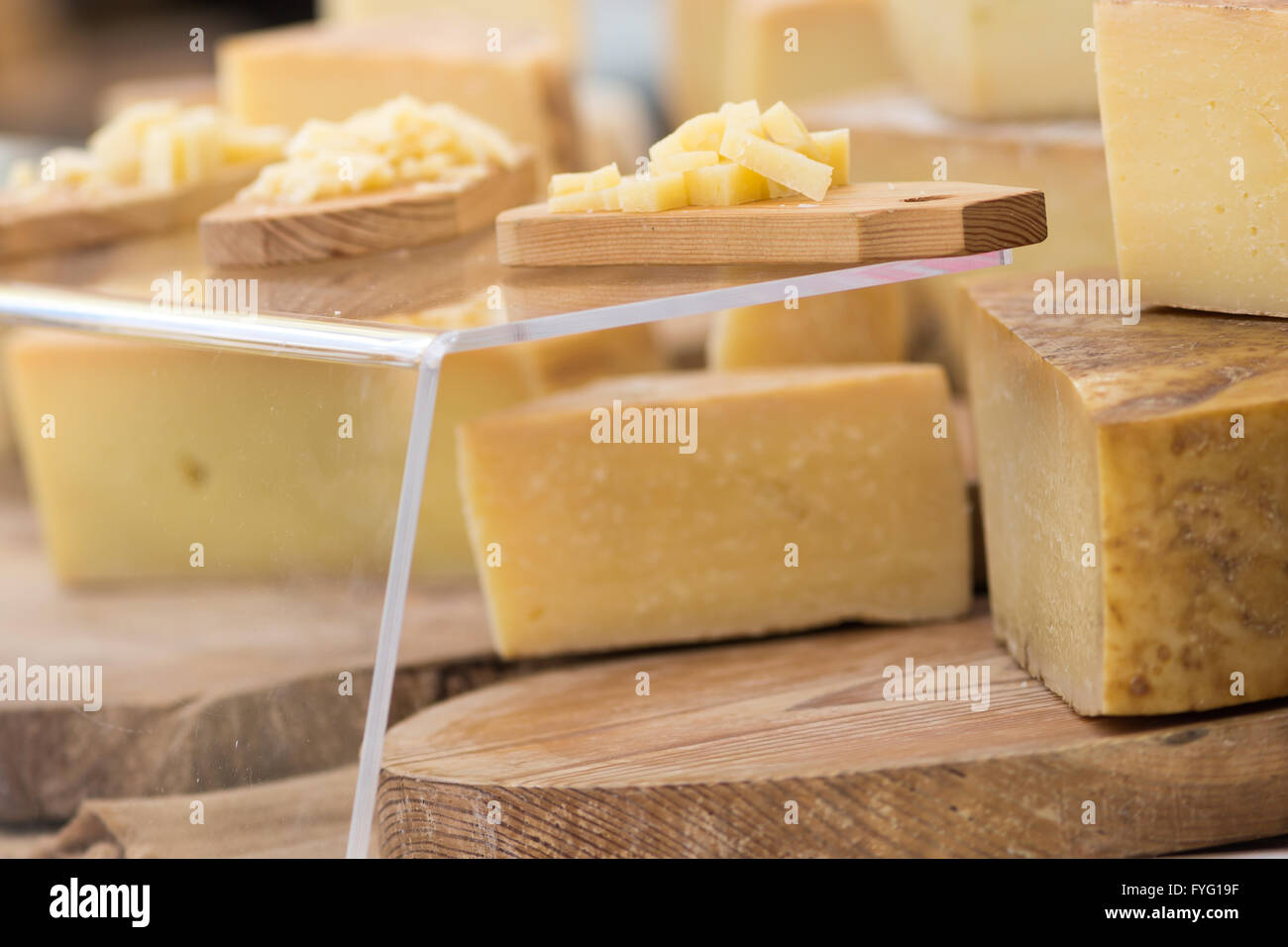 Original italian Parmesan cheese, photo taken in a street market in Italy Stock Photo