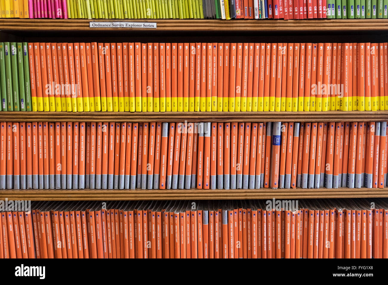 Rows of ordinance survey maps on sale in a bookshop in England Stock Photo