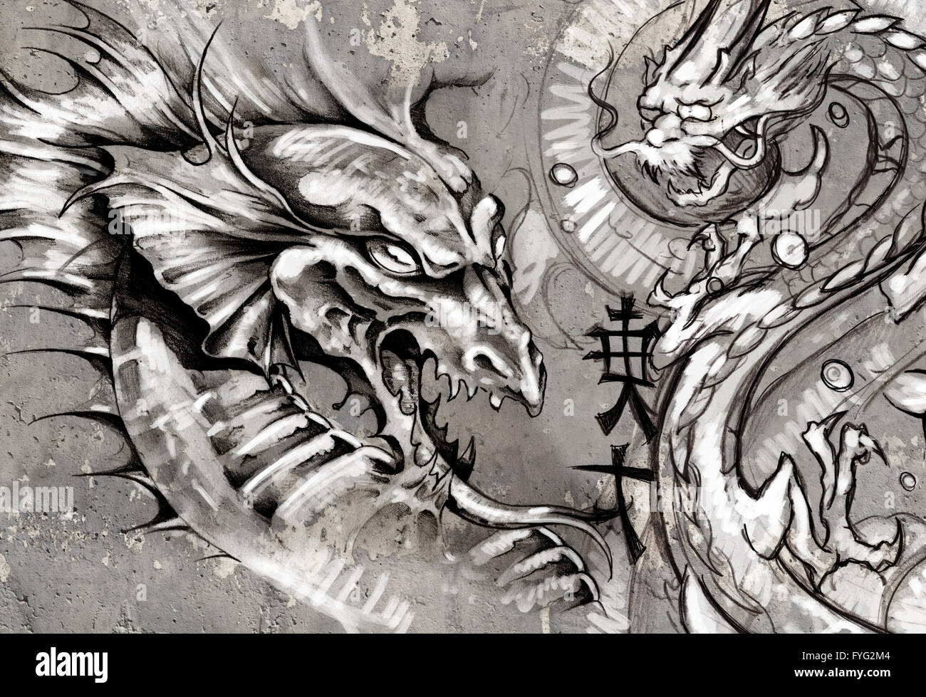 Dragons, tattoo illustration over grey wall Stock Photo