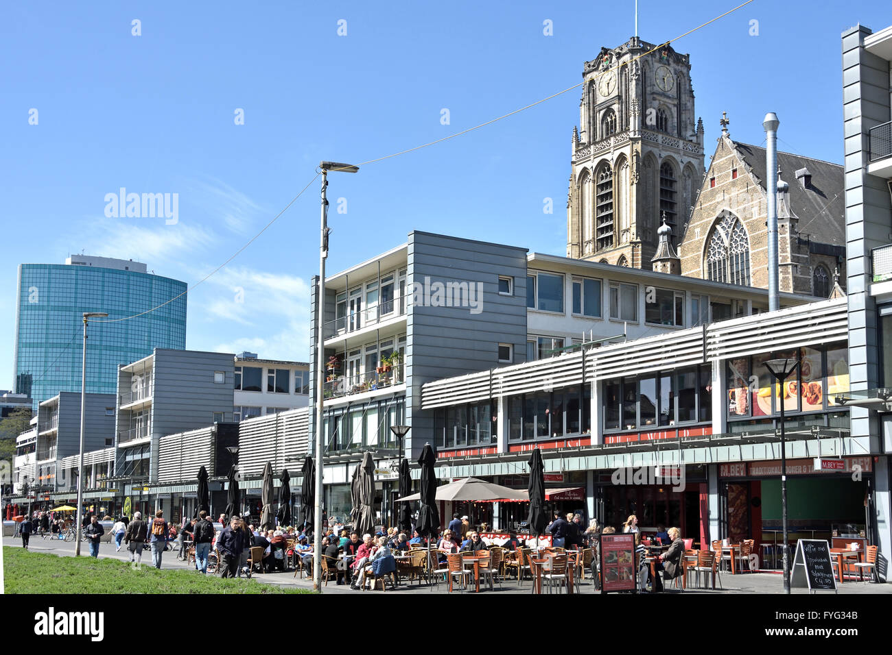 Restaurants and Cafés in Pedestrian area in the Hoogstraat near the Blaak Rotterdam Netherlands opposite Market Hall (Markthal) Stock Photo