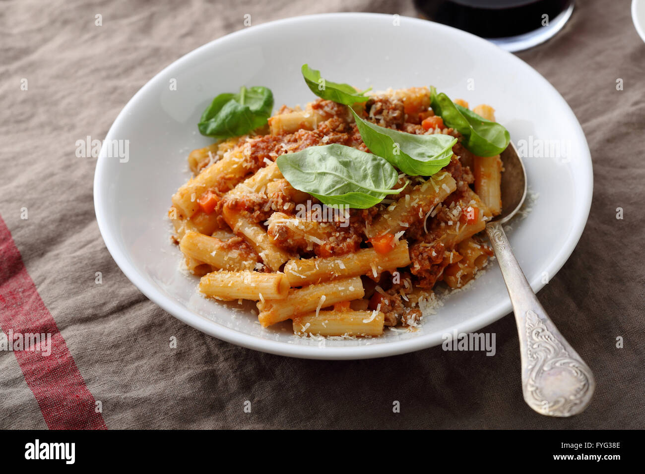 pasta with bolognese sauce and cheese, food close-up Stock Photo