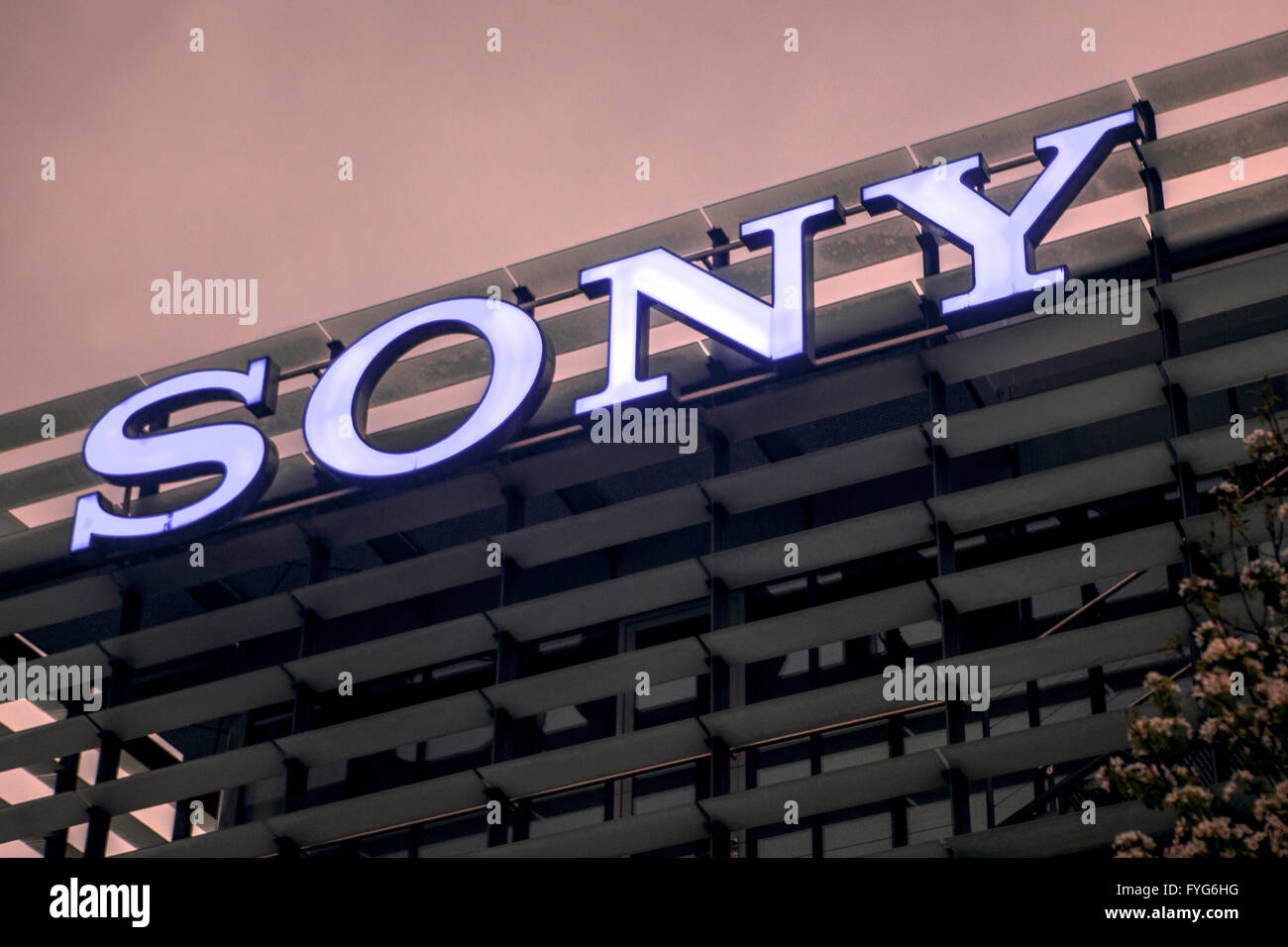 Sony logo sign on building. Prague, Czech Republic Stock Photo