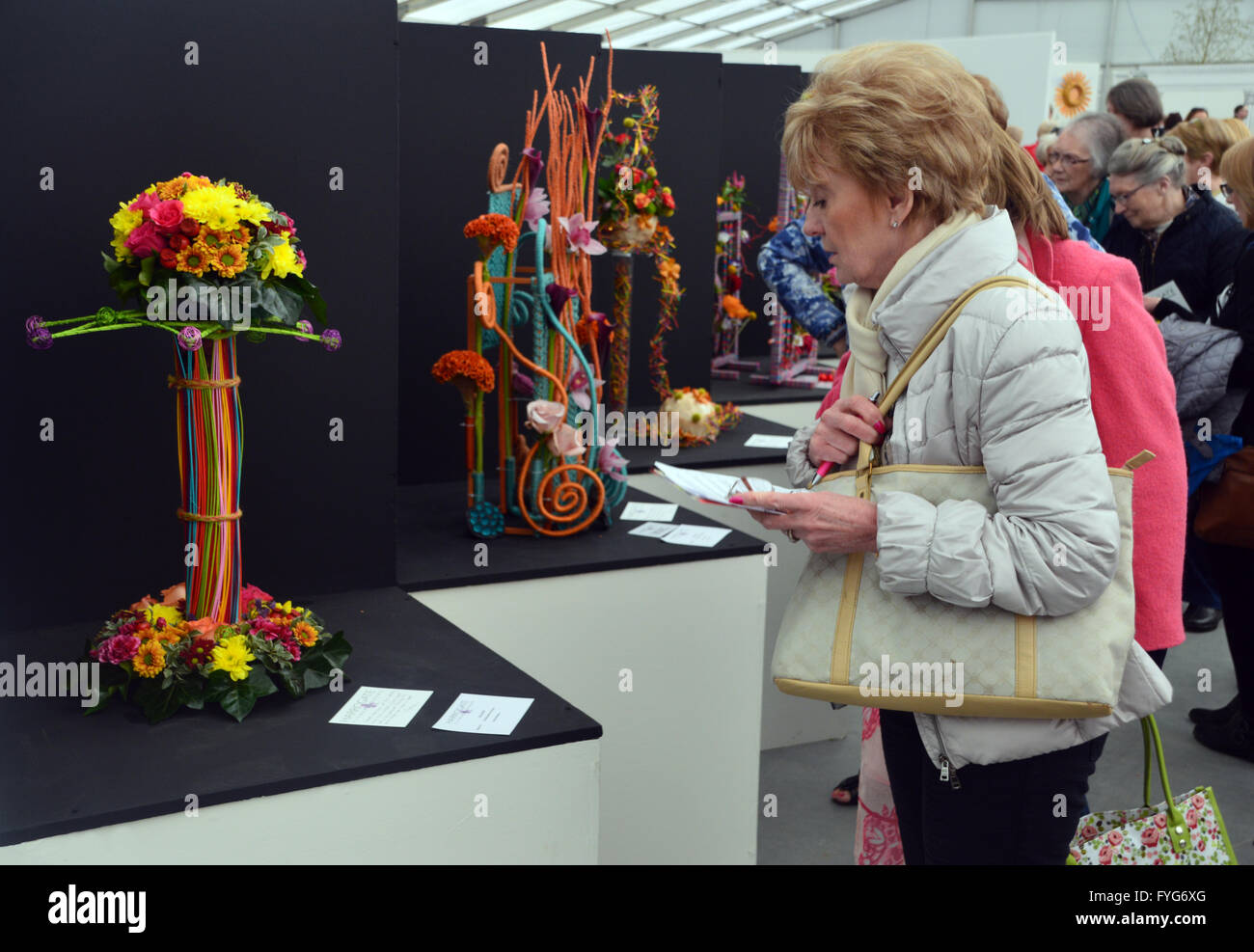 A Woman Looking at a Floral Art Display in the Floral Pavilion at the Harrogate Spring Flower Show. Yorkshire UK. Stock Photo
