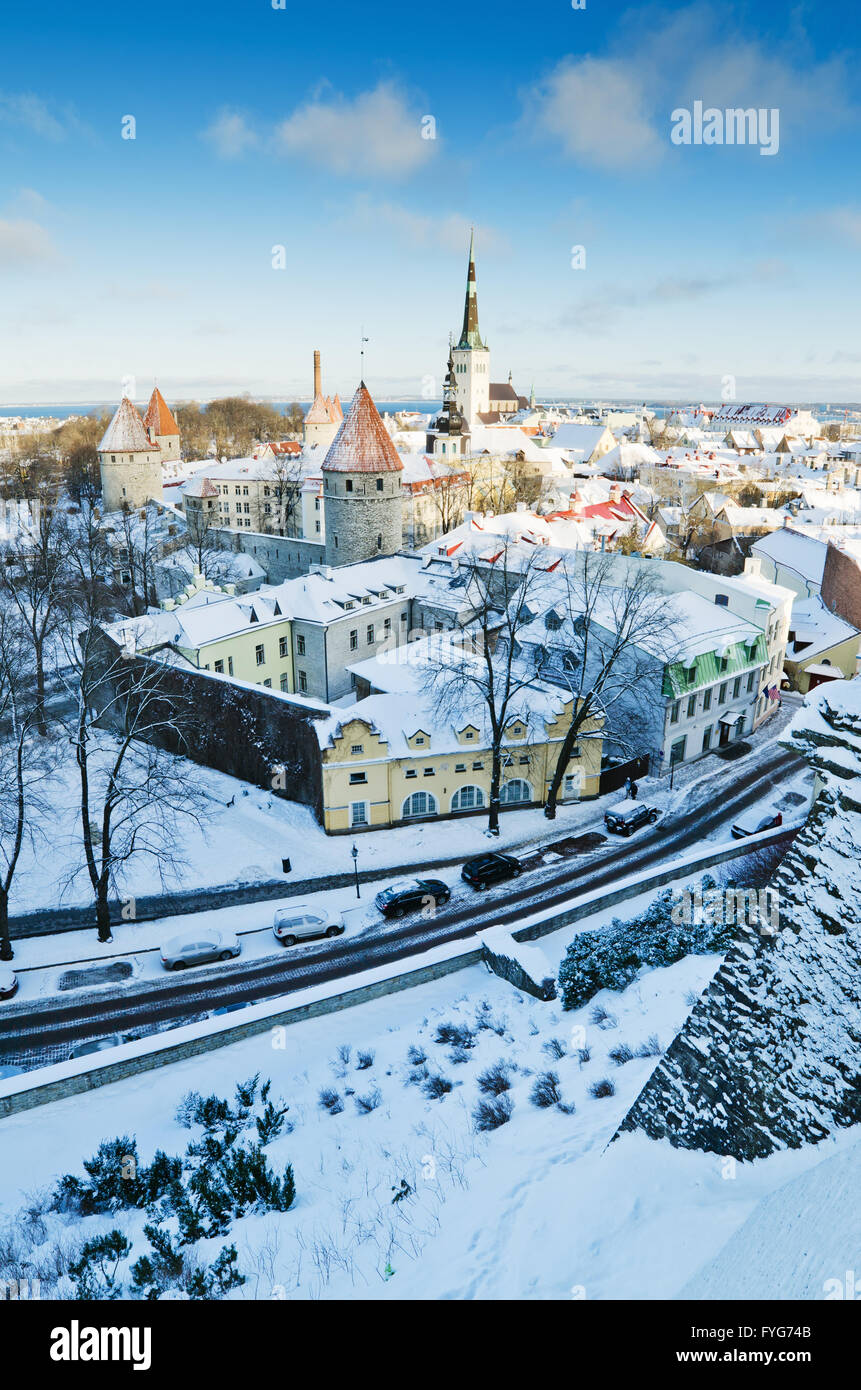 A view over the rooftops of old Tallinn frosty morning Stock Photo