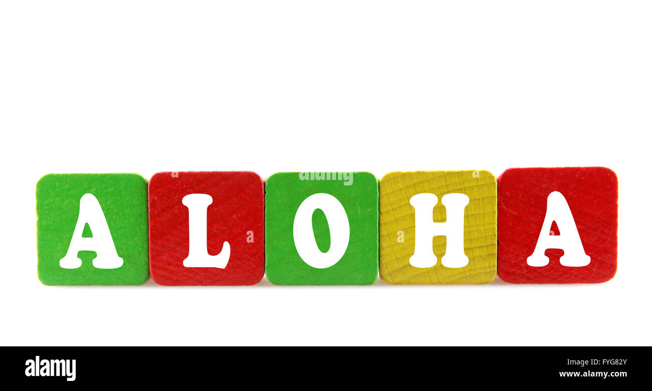 Aloha Text Box aloha - isolated text in wooden building blocks Stock Photo - Alamy