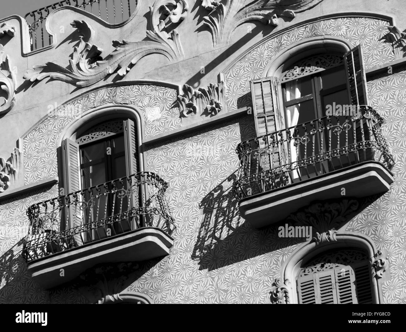 Intricate ironwork balconies on apartments in Barcelona, Spain Stock Photo