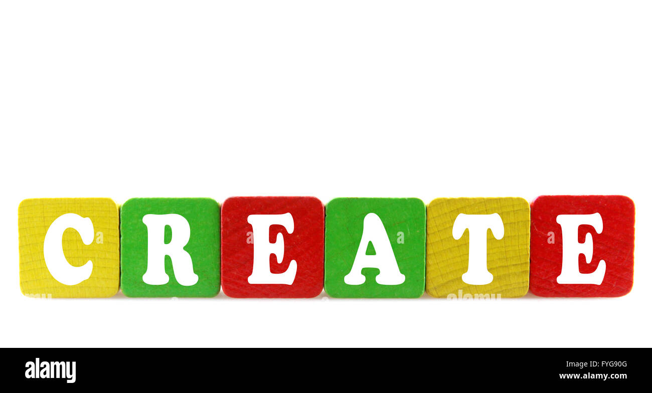 create - isolated text in wooden building blocks Stock Photo - Alamy