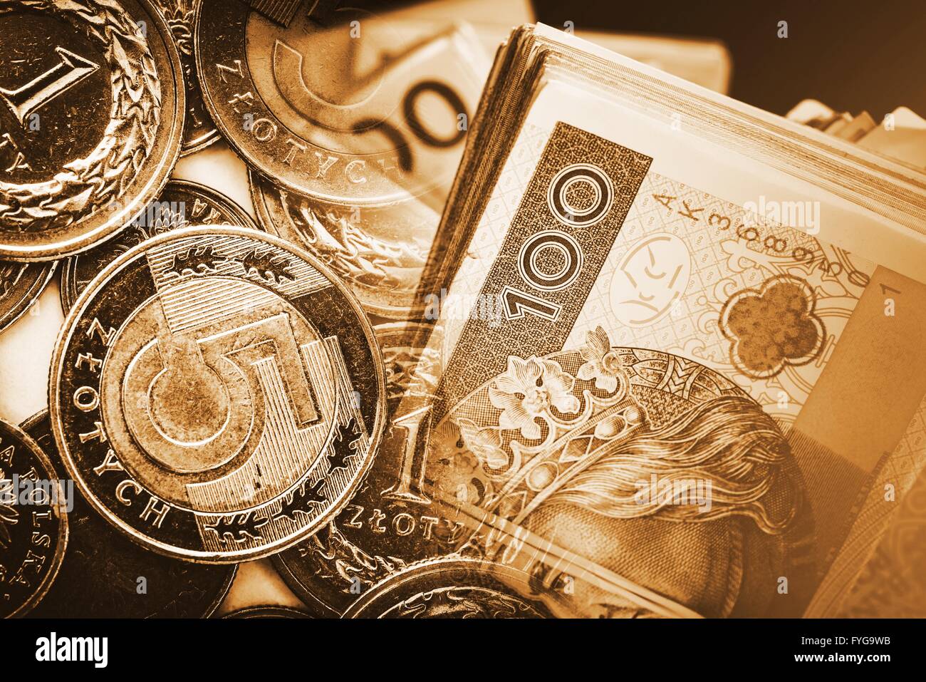 Polish Zloty Trading Financial Concept with Blended Coins and Banknotes Photos. Stock Photo