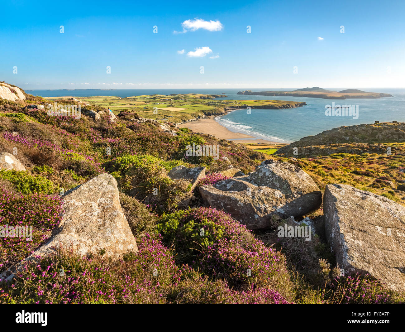 Coastal view down to Whitesands Bay and Ramsey Island taken from Carn Llidi summit on the north Pembrokeshire coastline Stock Photo