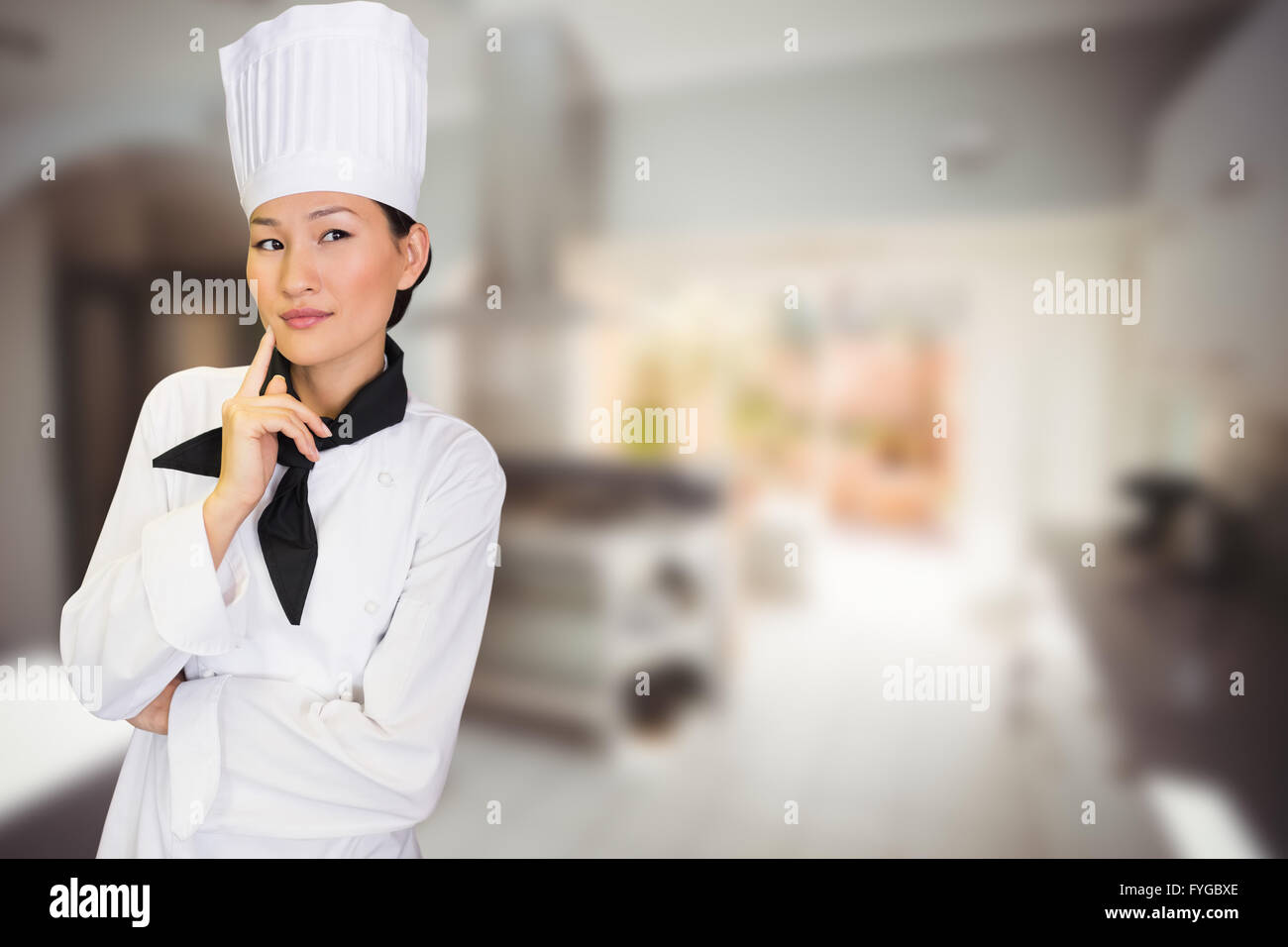 Composite image of portrait of thoughtful female cook in kitchen Stock Photo