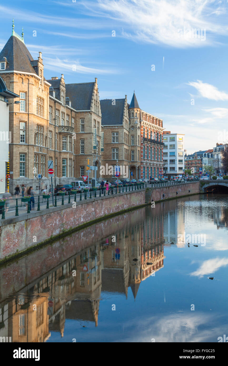 Historic buildings in the center of Ghent reflected in the waterways, Belgium. Stock Photo