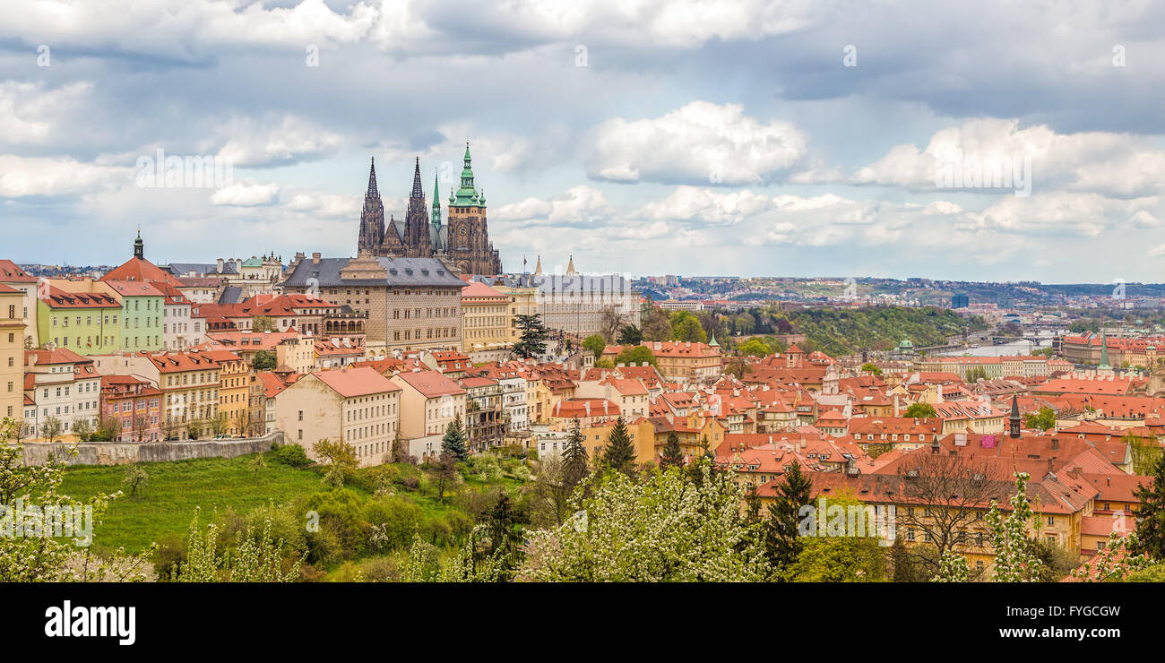 Spring Prague panorama from Prague Hill with Prague Castle, Vltava river and historical architecture. Concept of Europe travel, Stock Photo