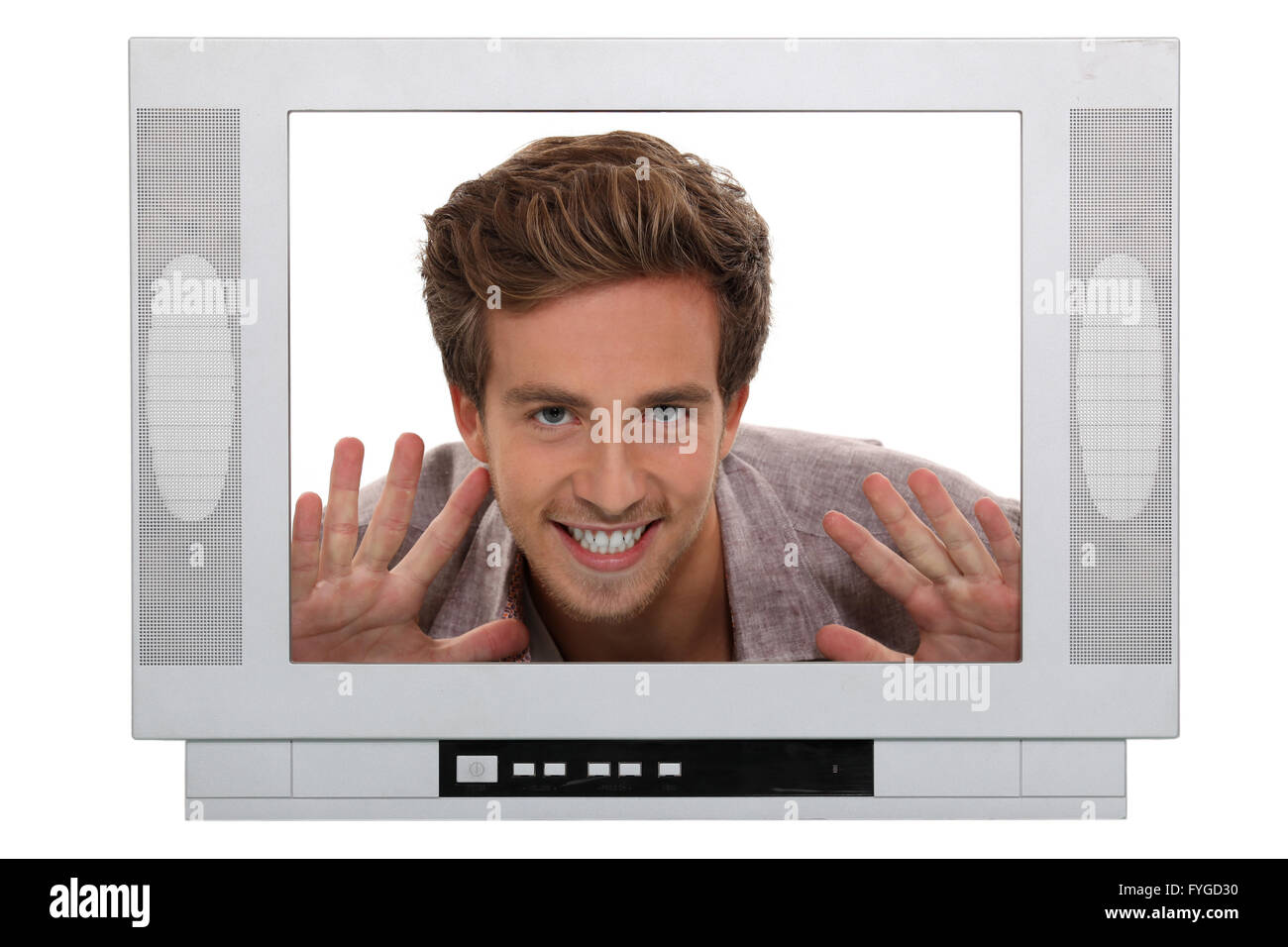 Studio shot of a man's head framed by a television set Stock Photo