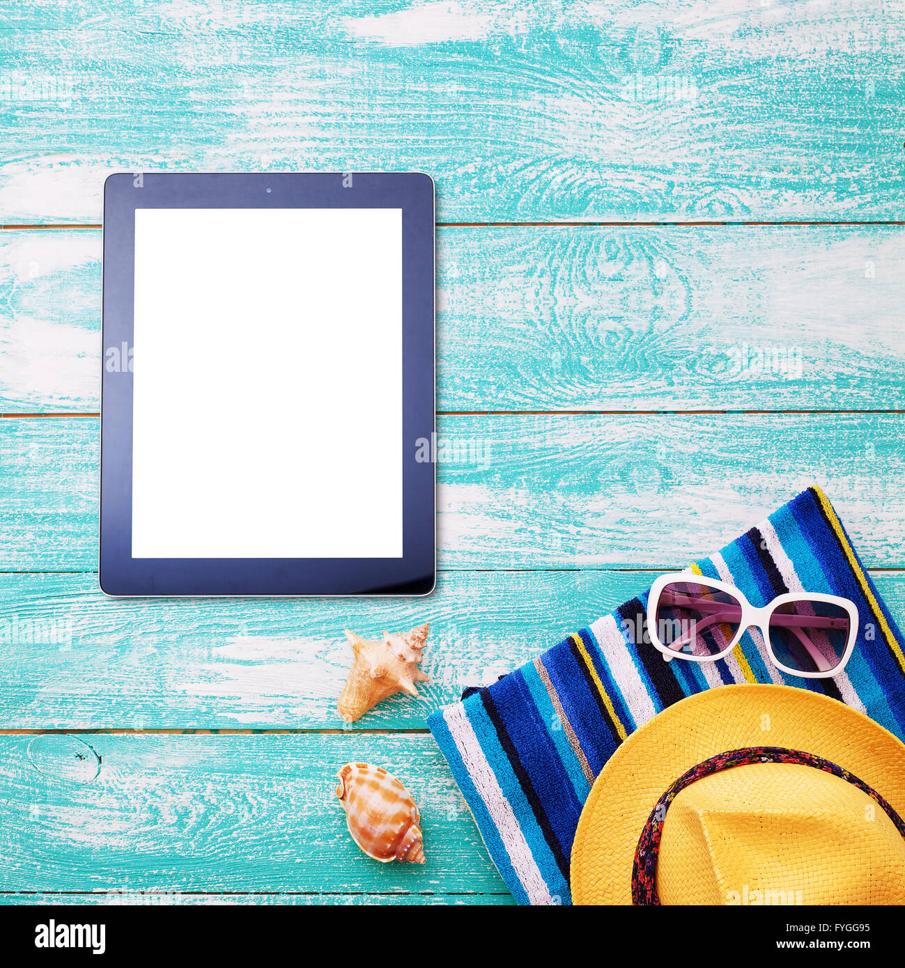 Summer Beach Set Of Summer Accessories And Tablet On Wooden Desk
