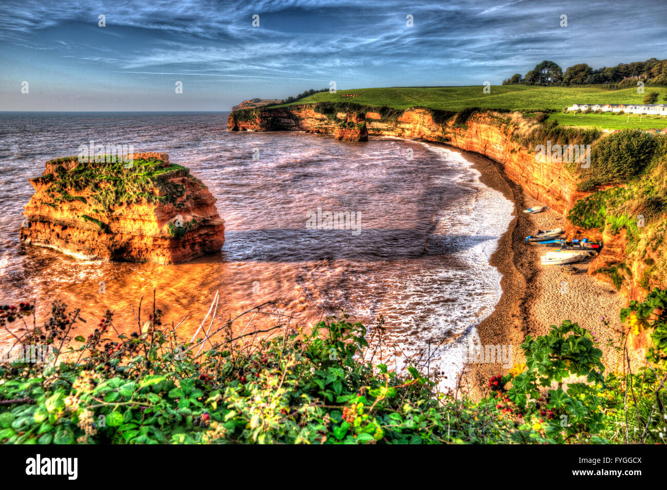 Ladram Bay beach Devon England UK located between Budleigh Salterton and Sidmouth and on the Jurassic Coast in HDR Stock Photo