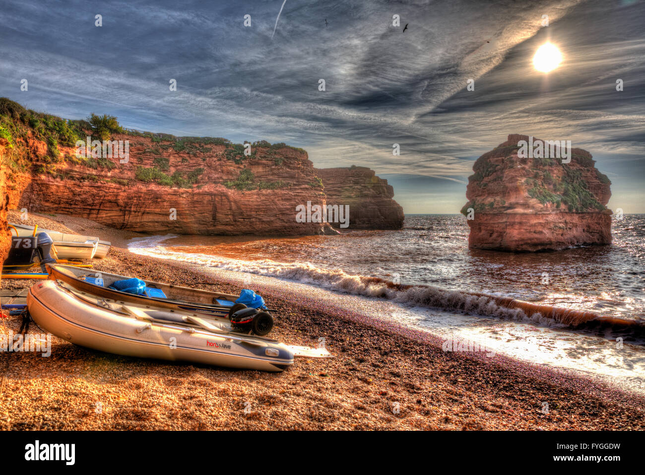 Ladram Bay beach Devon England UK located between Budleigh Salterton and Sidmouth and on the Jurassic Coast in HDR Stock Photo