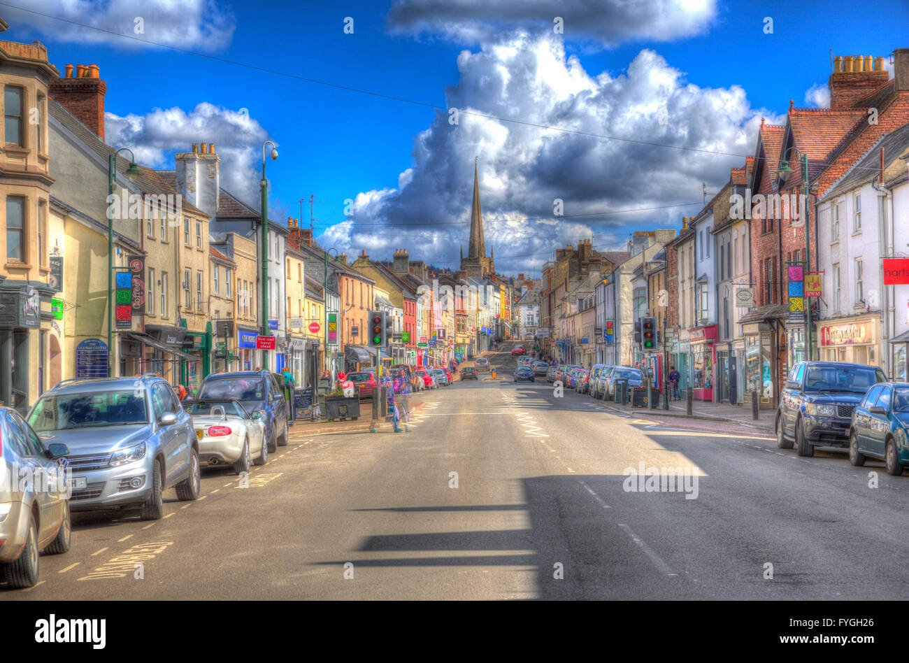 Monmouth town Monmouthshire Wales Wye Valley UK main street with shops