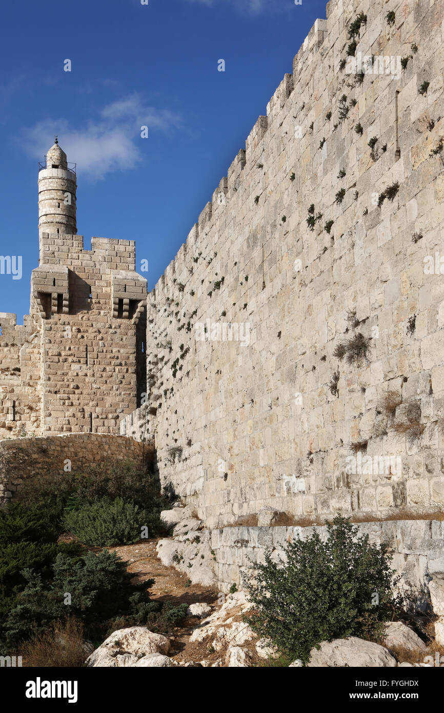 The walls of thel Jerusalem and Tower of David Stock Photo